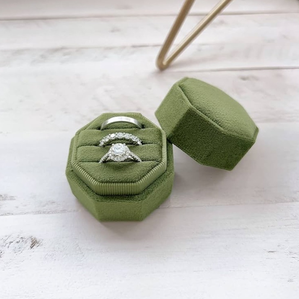 Velvet 3 Slot Wedding Ring Box - Olive Green
